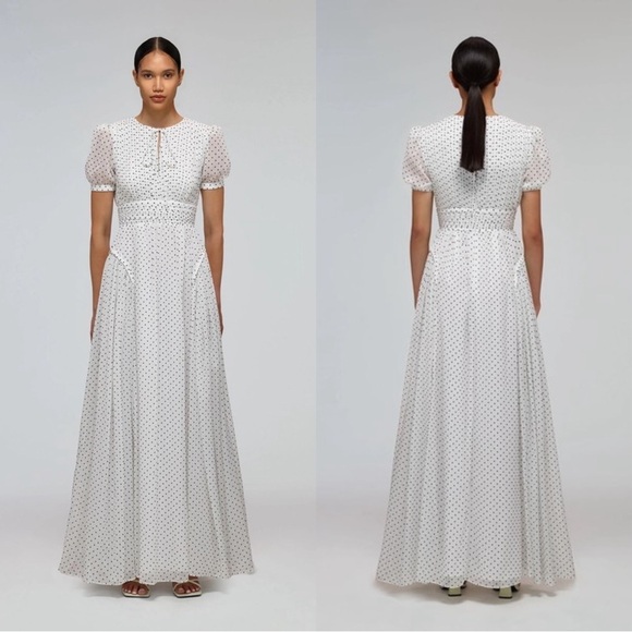 Self Portrait Crinkle Gathered Chiffon Dot Maxi Dress Size 4 NWT White